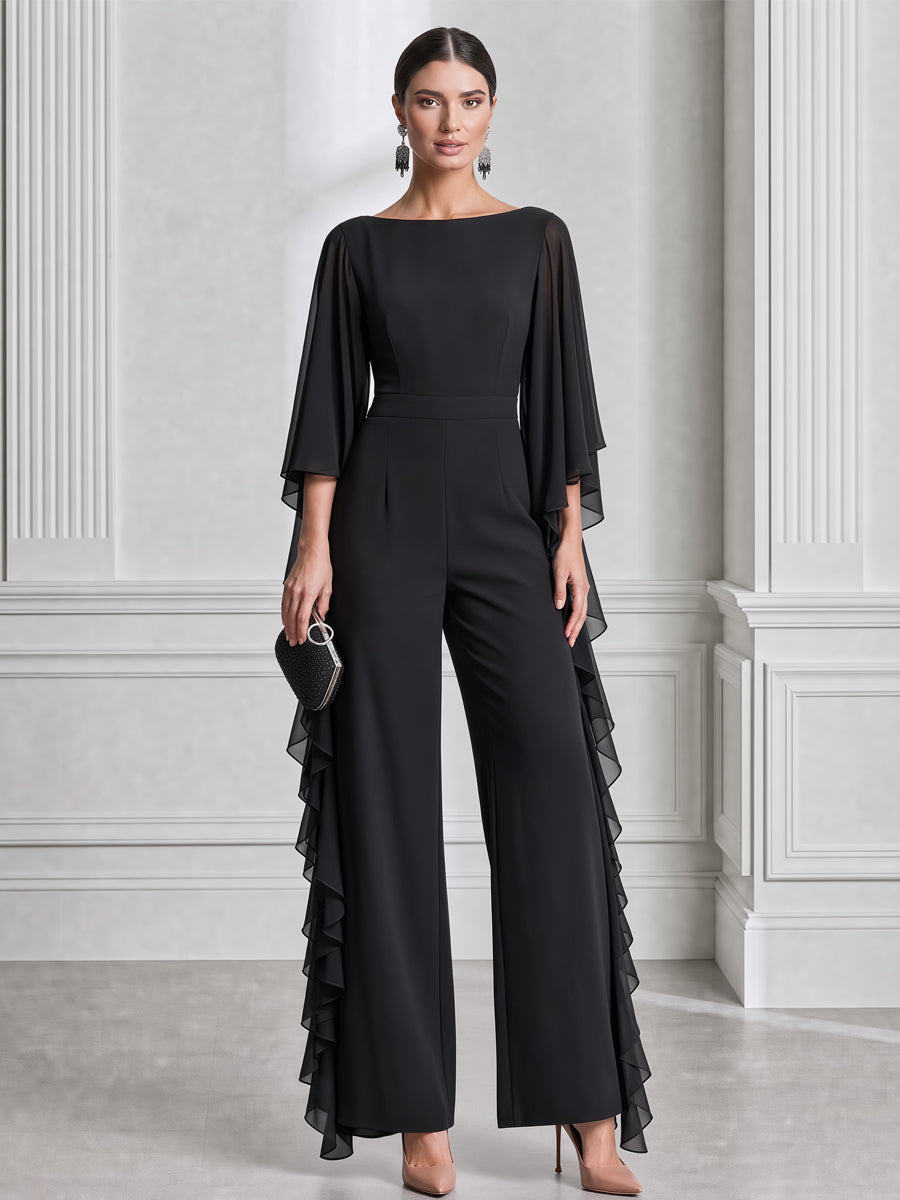 Elegant Chiffon Cape Sleeve Wide Leg Jumpsuit