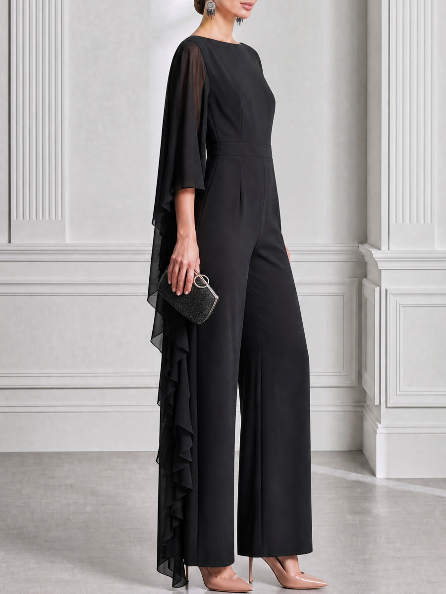 Elegant Chiffon Cape Sleeve Wide Leg Jumpsuit