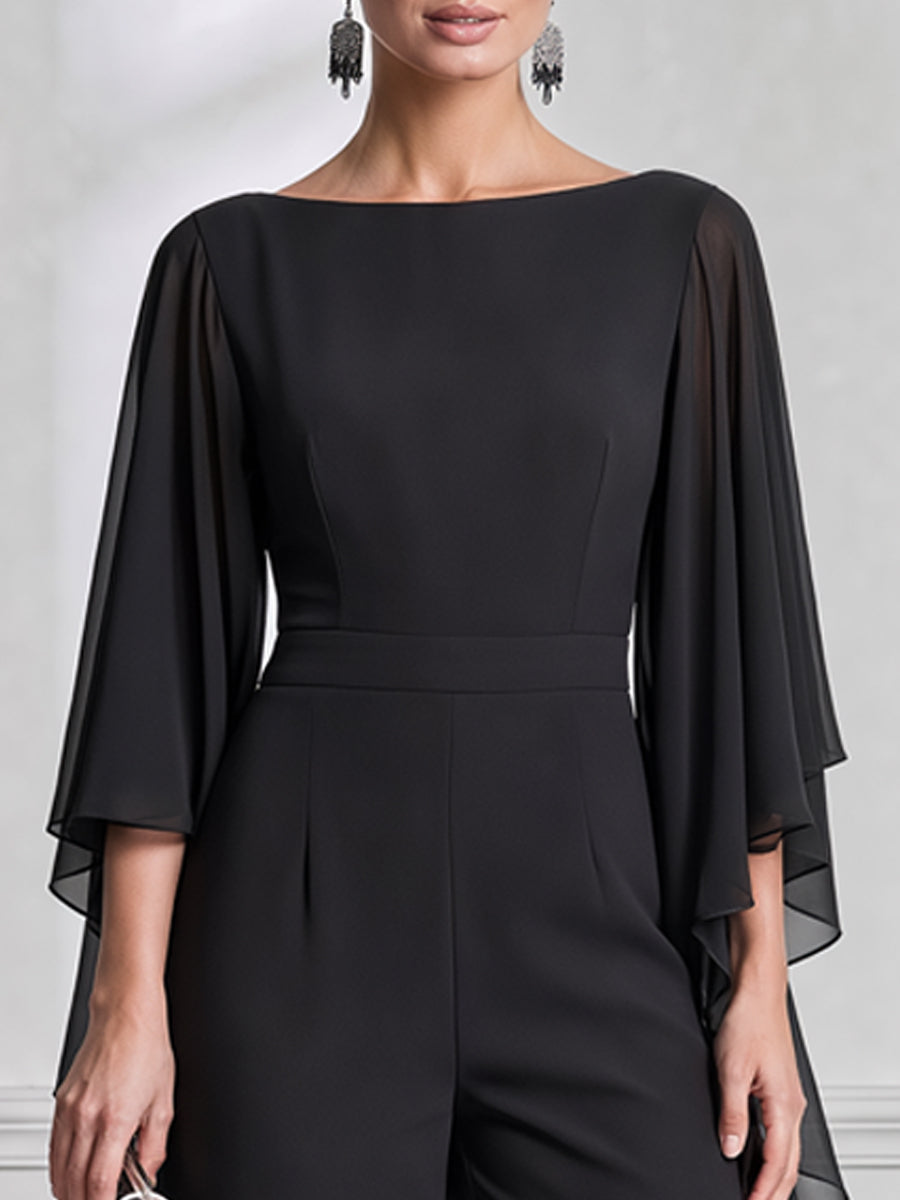 Elegant Chiffon Cape Sleeve Wide Leg Jumpsuit