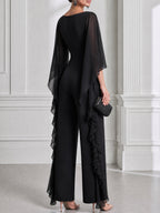 Elegant Chiffon Cape Sleeve Wide Leg Jumpsuit