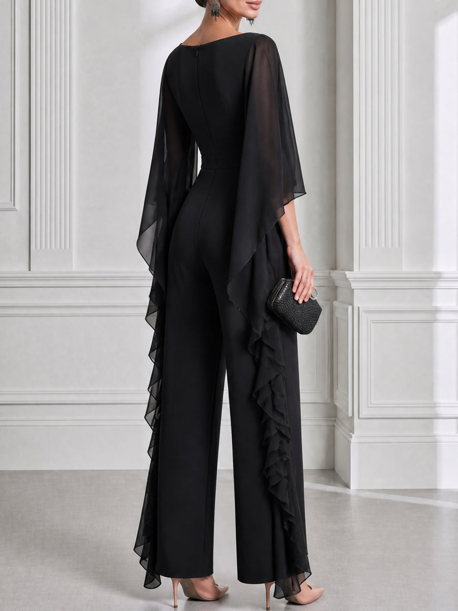 Elegant Chiffon Cape Sleeve Wide Leg Jumpsuit