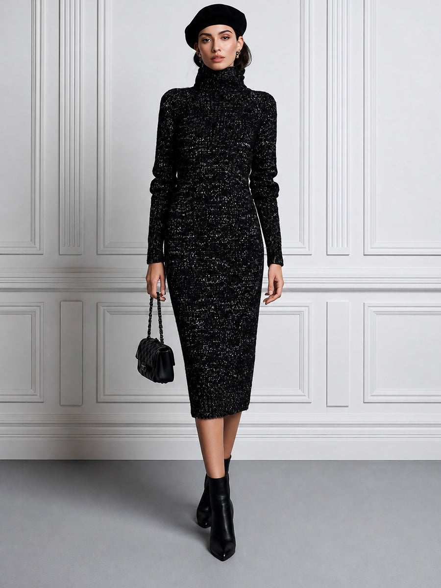 Turtleneck Long Sleeve Knit Bodycon Midi Sweater Dress