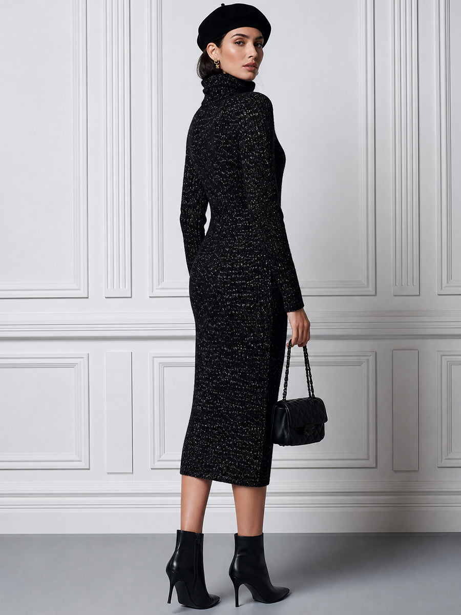 Turtleneck Long Sleeve Knit Bodycon Midi Sweater Dress