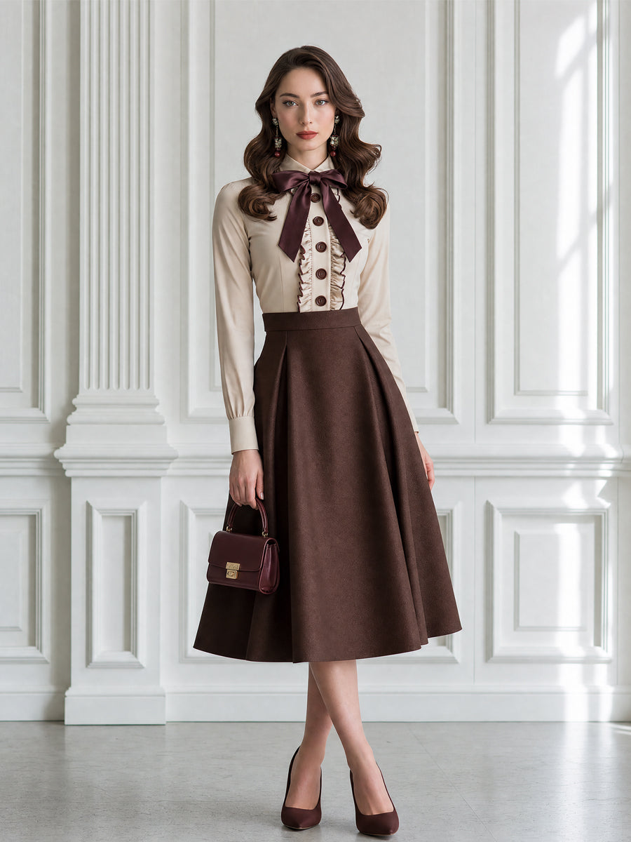 Vintage Bow-Tie Ruffle Blouse & Pleated A-Line Midi Skirt Set