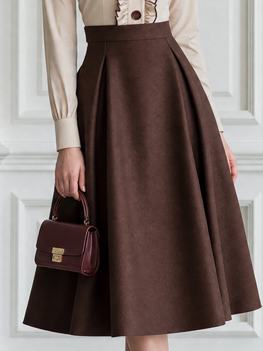 Vintage Bow-Tie Ruffle Blouse & Pleated A-Line Midi Skirt Set