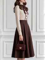 Vintage Bow-Tie Ruffle Blouse & Pleated A-Line Midi Skirt Set