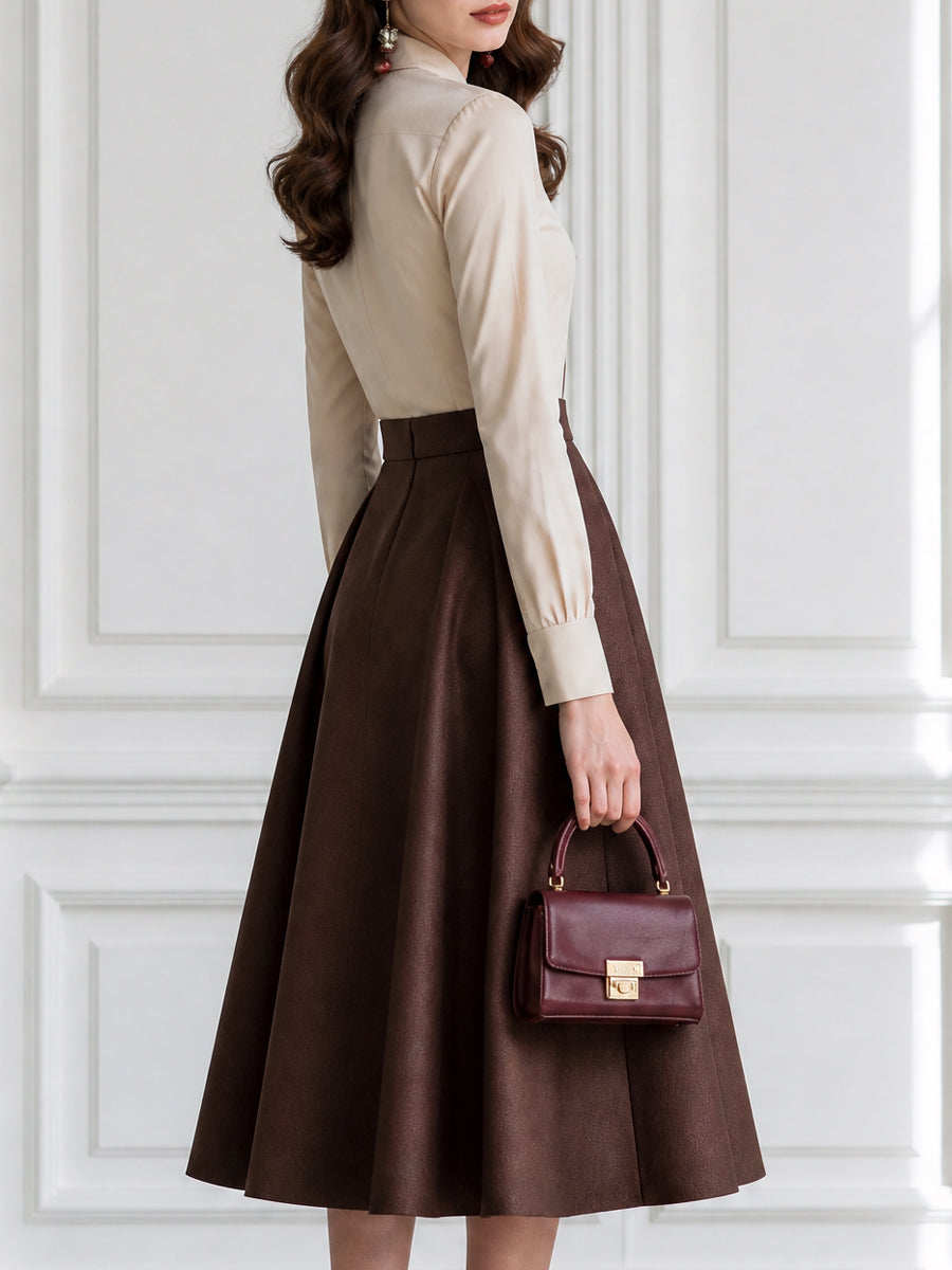 Vintage Bow-Tie Ruffle Blouse & Pleated A-Line Midi Skirt Set