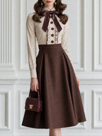 Vintage Bow-Tie Ruffle Blouse & Pleated A-Line Midi Skirt Set