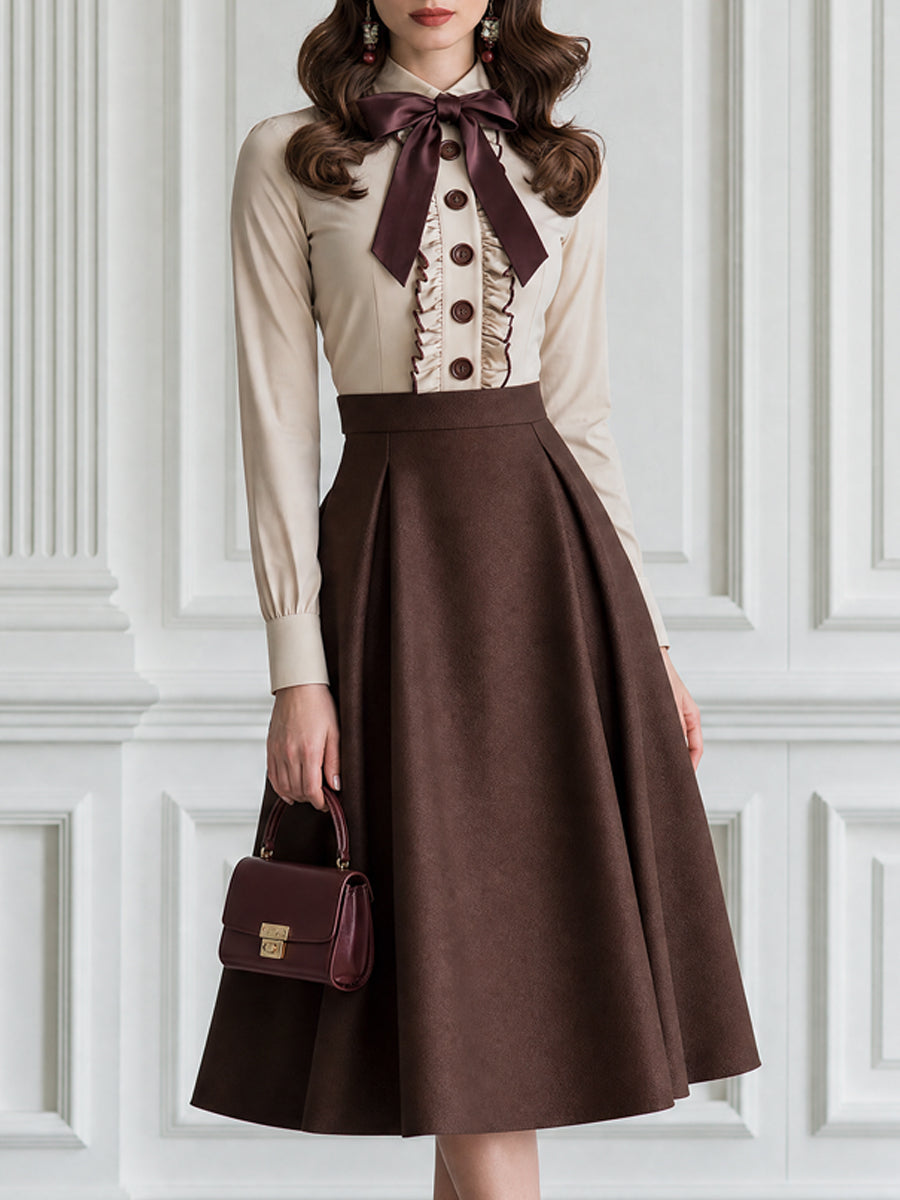 Vintage Bow-Tie Ruffle Blouse & Pleated A-Line Midi Skirt Set