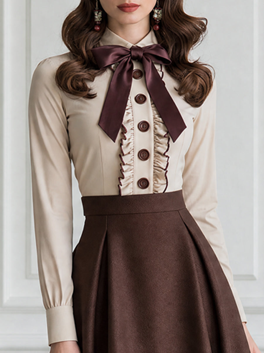Vintage Bow-Tie Ruffle Blouse & Pleated A-Line Midi Skirt Set