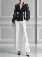 Black White Fall Fashion Sheer Sleeve Blazer Top & Pleated Flare Pants Set