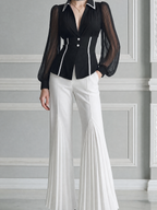 Black White Fall Fashion Sheer Sleeve Blazer Top & Pleated Flare Pants Set