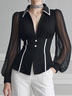 Black White Fall Fashion Sheer Sleeve Blazer Top & Pleated Flare Pants Set