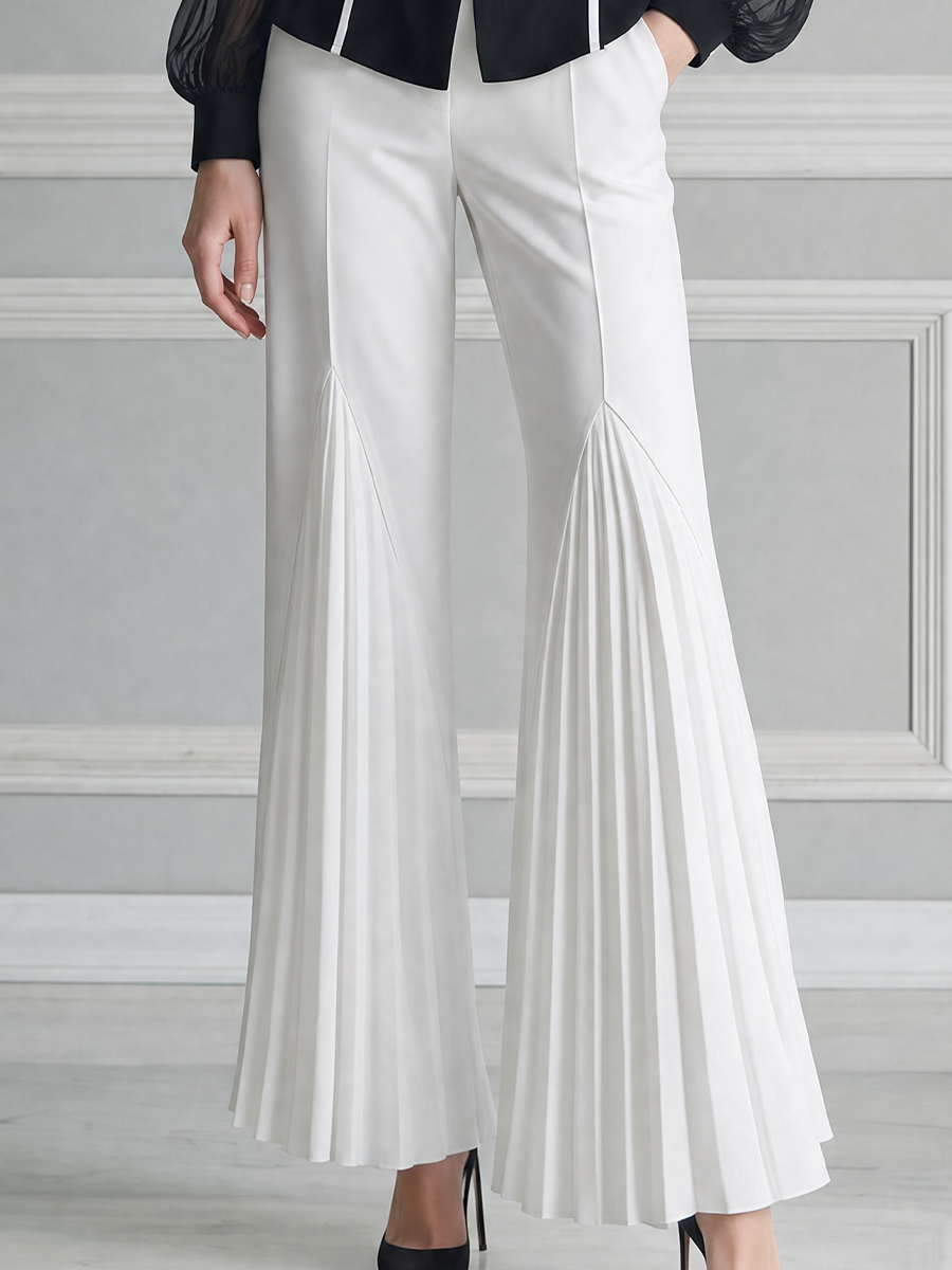 Black White Fall Fashion Sheer Sleeve Blazer Top & Pleated Flare Pants Set