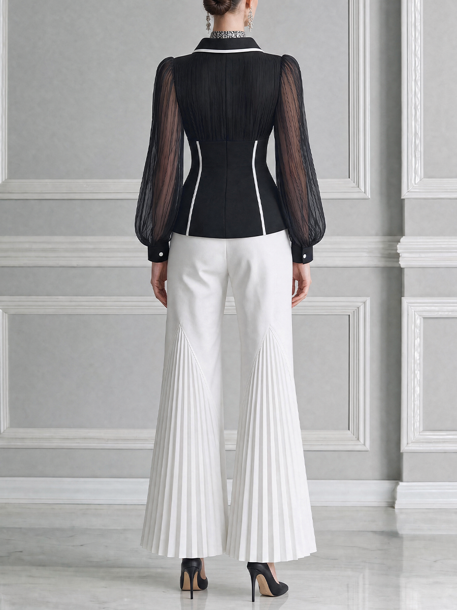 Black White Fall Fashion Sheer Sleeve Blazer Top & Pleated Flare Pants Set