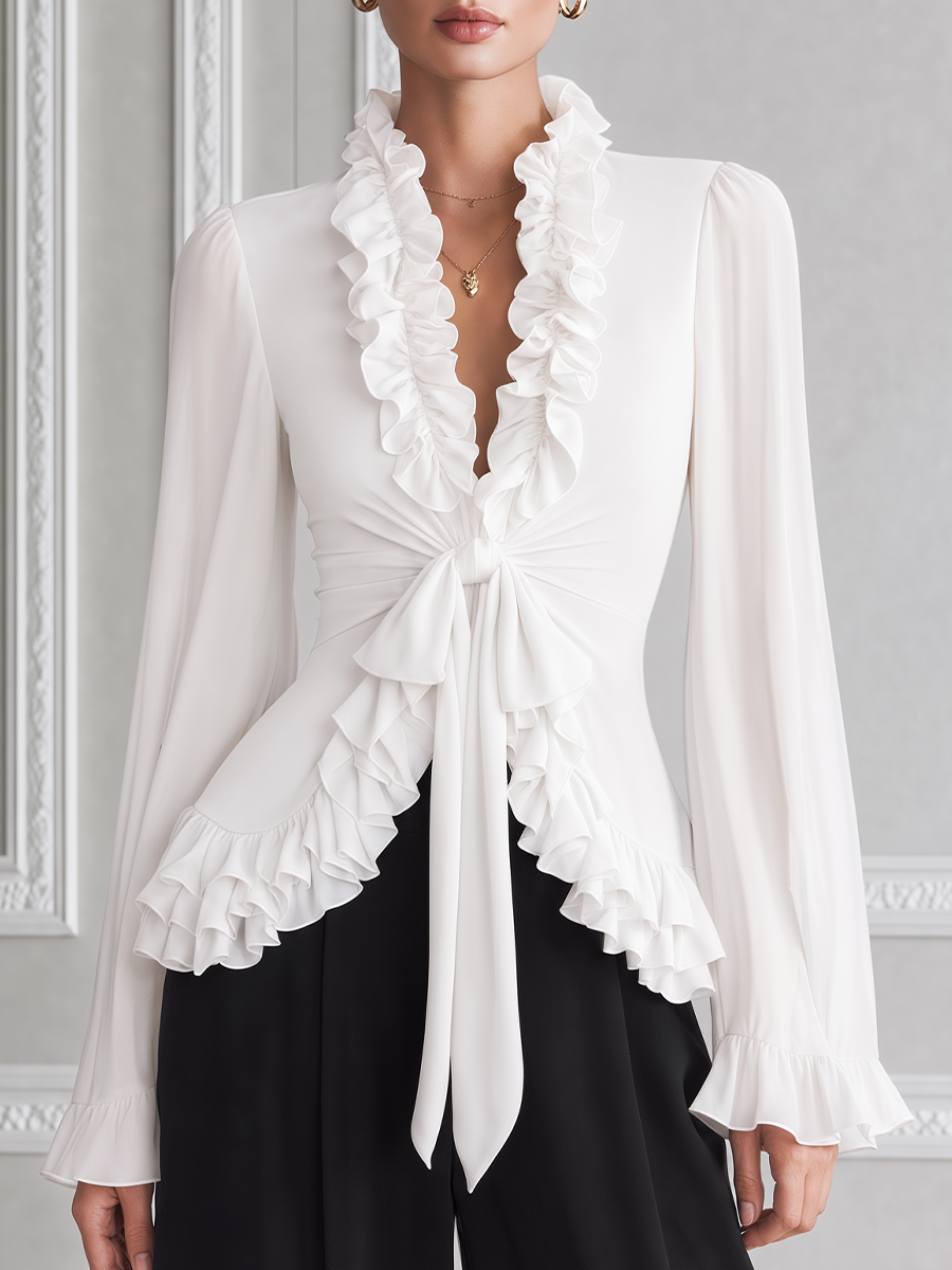 White Ruffle Tie Waist Chiffon Balloon Sleeve Blouse