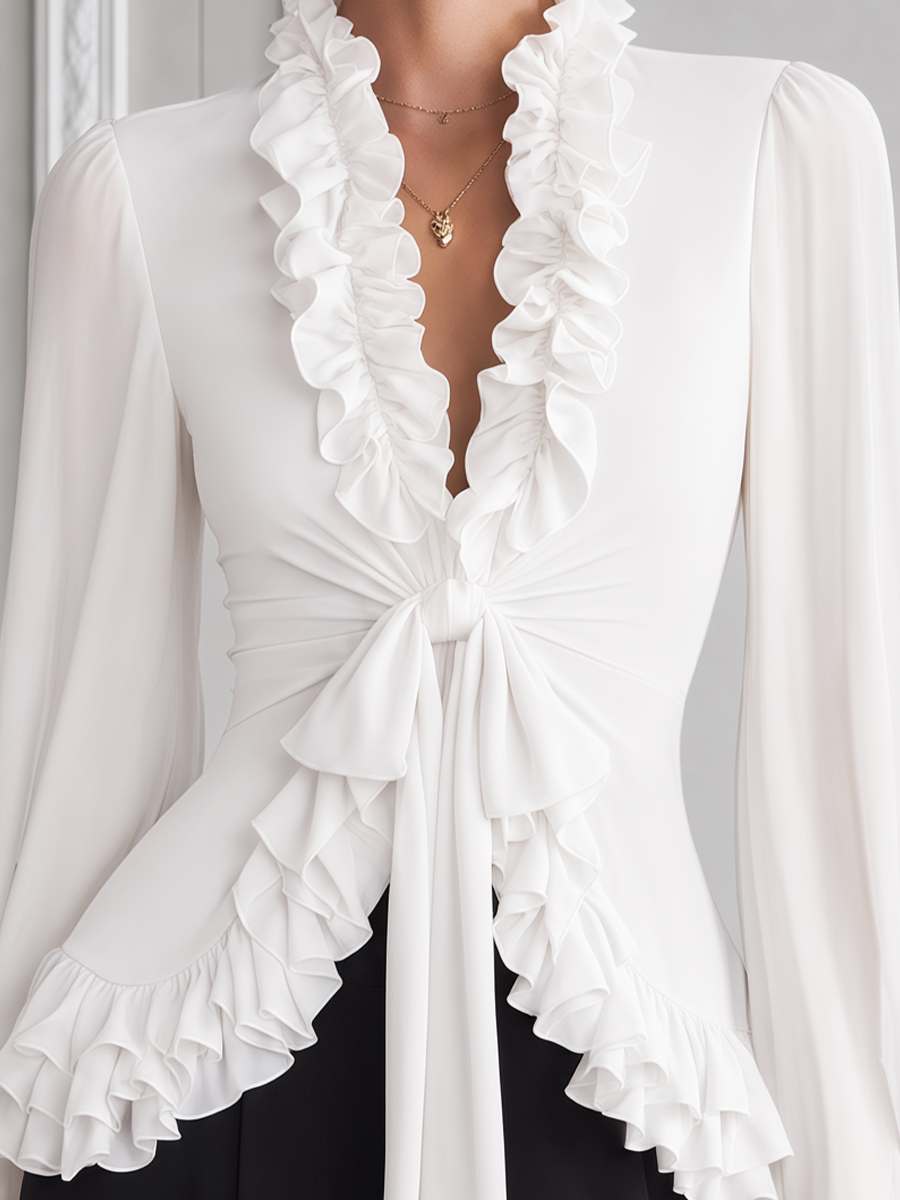 White Ruffle Tie Waist Chiffon Balloon Sleeve Blouse