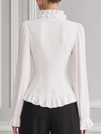 White Ruffle Tie Waist Chiffon Balloon Sleeve Blouse