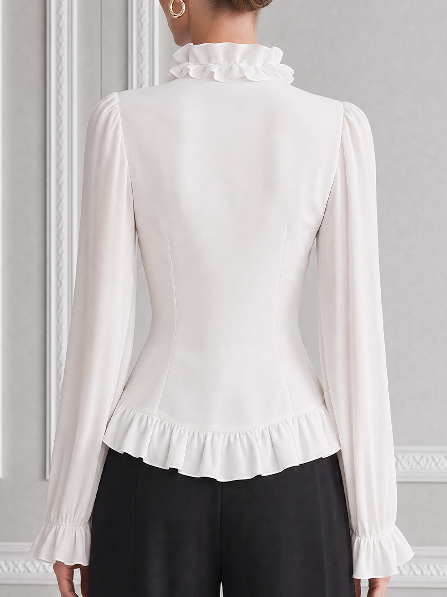 White Ruffle Tie Waist Chiffon Balloon Sleeve Blouse