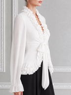 White Ruffle Tie Waist Chiffon Balloon Sleeve Blouse