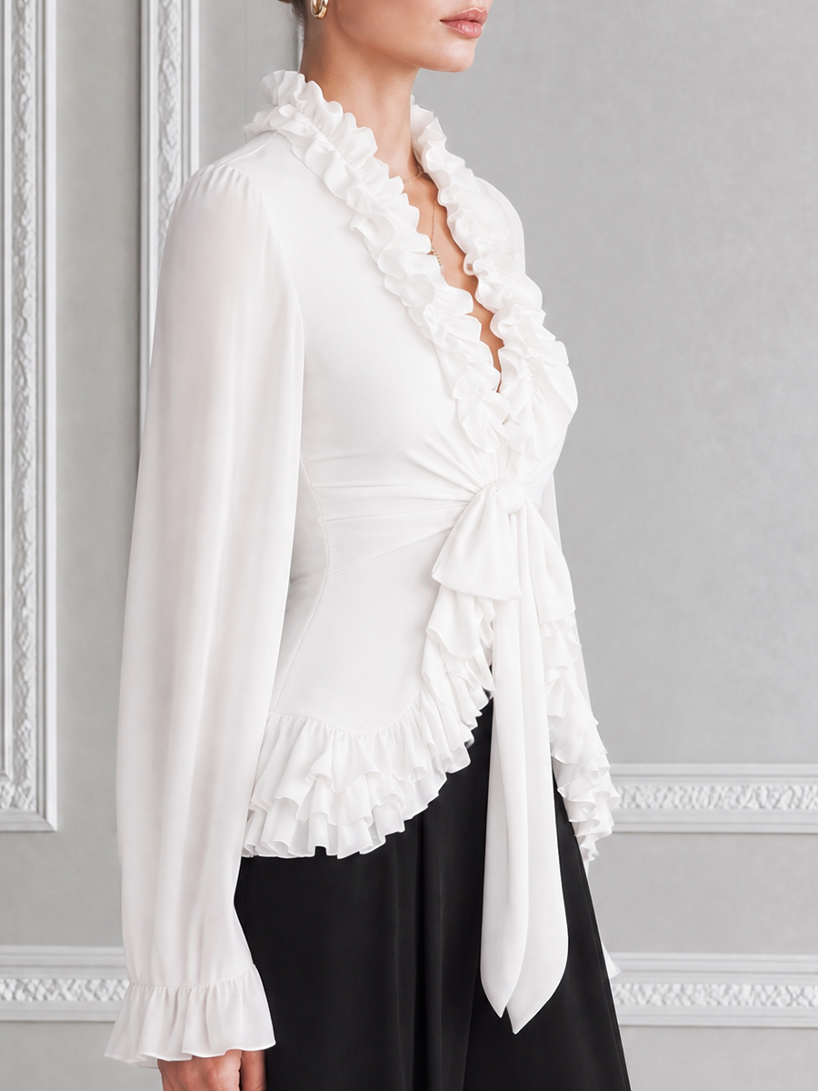 White Ruffle Tie Waist Chiffon Balloon Sleeve Blouse