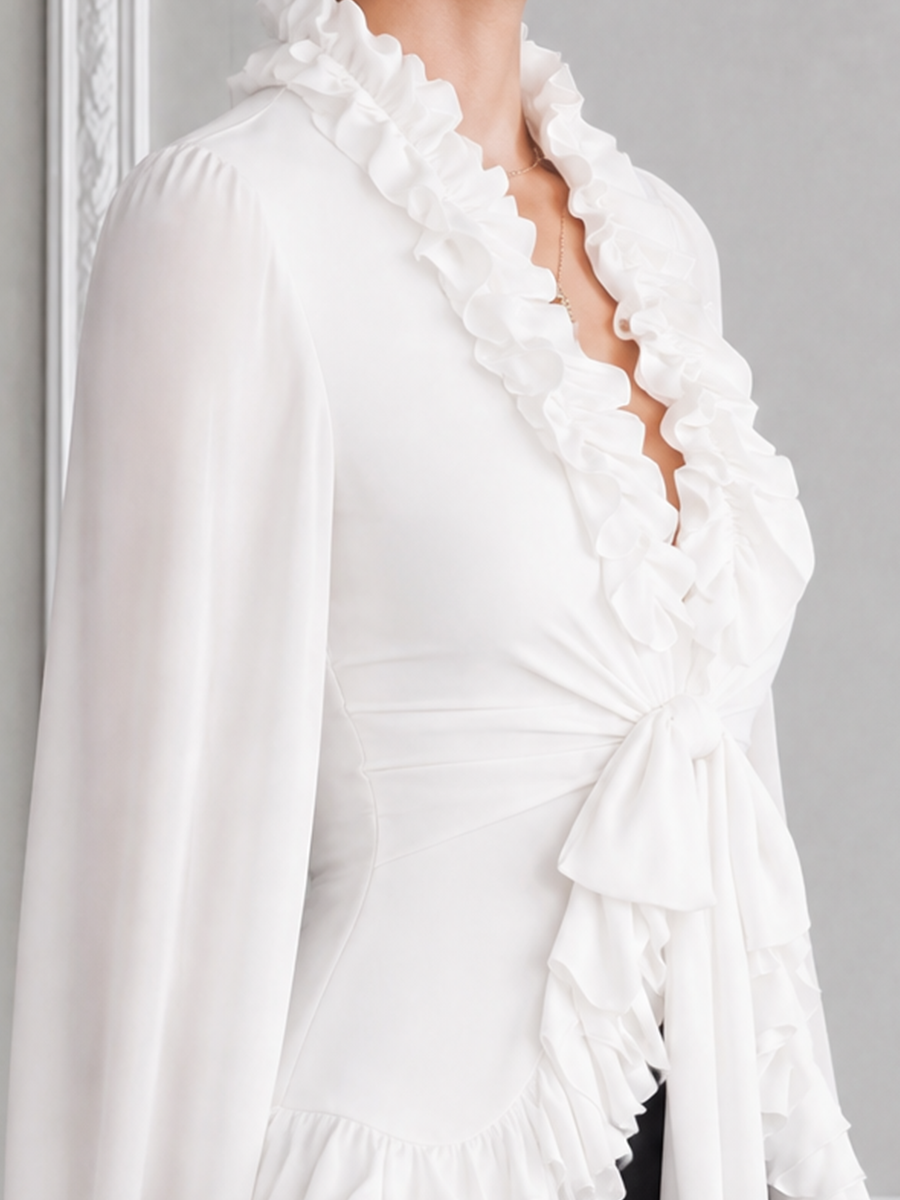 White Ruffle Tie Waist Chiffon Balloon Sleeve Blouse