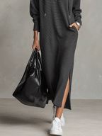 Women's Zip-Up Hooded Sweater Side Slit Maxi Dress