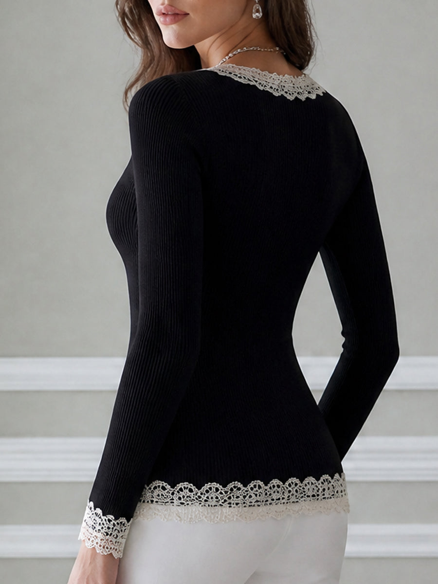 Ribbed Knit Lace-Trim V-Neck Long-Sleeve Top