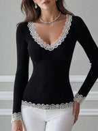 Ribbed Knit Lace-Trim V-Neck Long-Sleeve Top