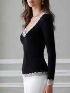 Ribbed Knit Lace-Trim V-Neck Long-Sleeve Top