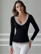 Ribbed Knit Lace-Trim V-Neck Long-Sleeve Top