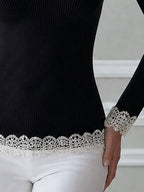 Ribbed Knit Lace-Trim V-Neck Long-Sleeve Top