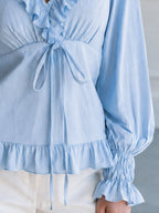 Ruffle Trim Peplum Tie Waist And Balloon Sleeves Blouse