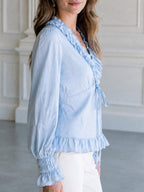 Ruffle Trim Peplum Tie Waist And Balloon Sleeves Blouse