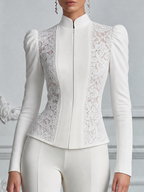 White Lace Stand Collar Puff Sleeve Tailored Blouse