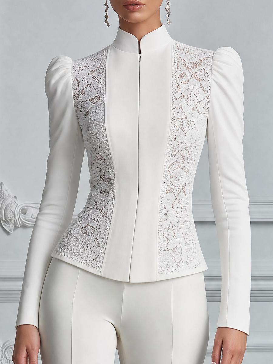 White Lace Stand Collar Puff Sleeve Tailored Blouse