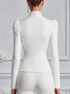White Lace Stand Collar Puff Sleeve Tailored Blouse