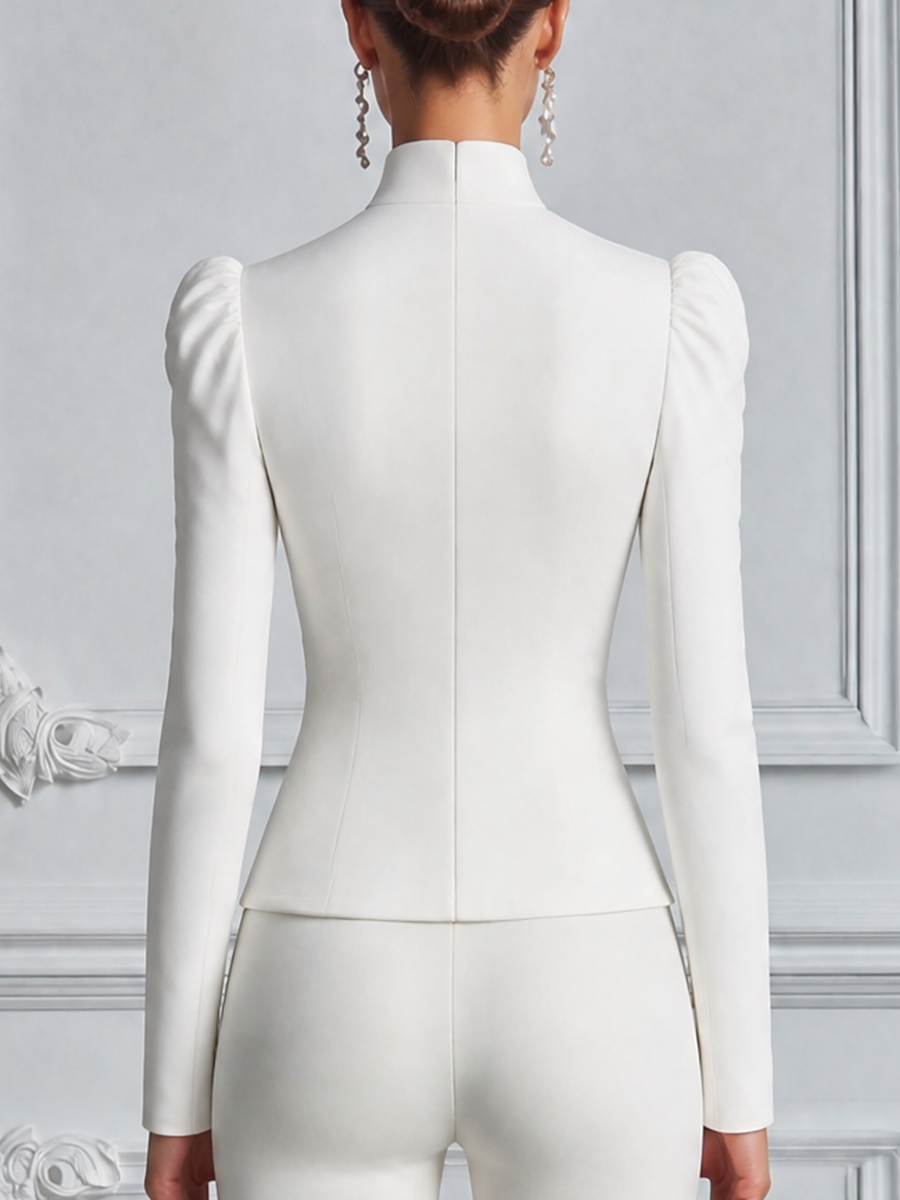 White Lace Stand Collar Puff Sleeve Tailored Blouse