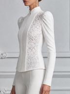 White Lace Stand Collar Puff Sleeve Tailored Blouse