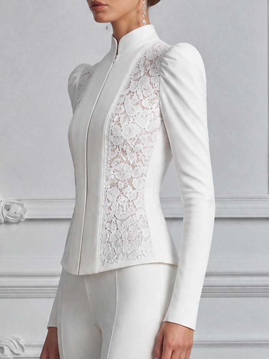 White Lace Stand Collar Puff Sleeve Tailored Blouse