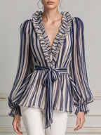 Navy Striped Ruffle V-Neck Tie Waist Chiffon Blouse