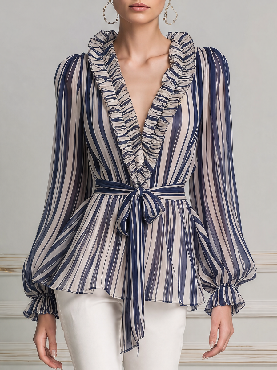 Navy Striped Ruffle V-Neck Tie Waist Chiffon Blouse