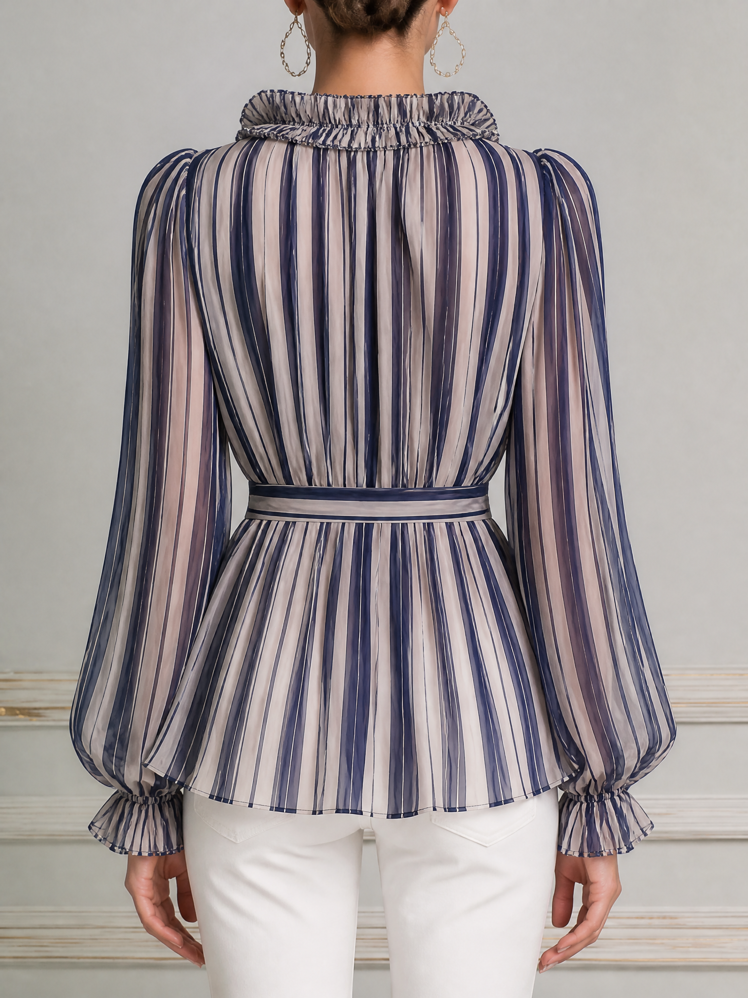 Navy Striped Ruffle V-Neck Tie Waist Chiffon Blouse