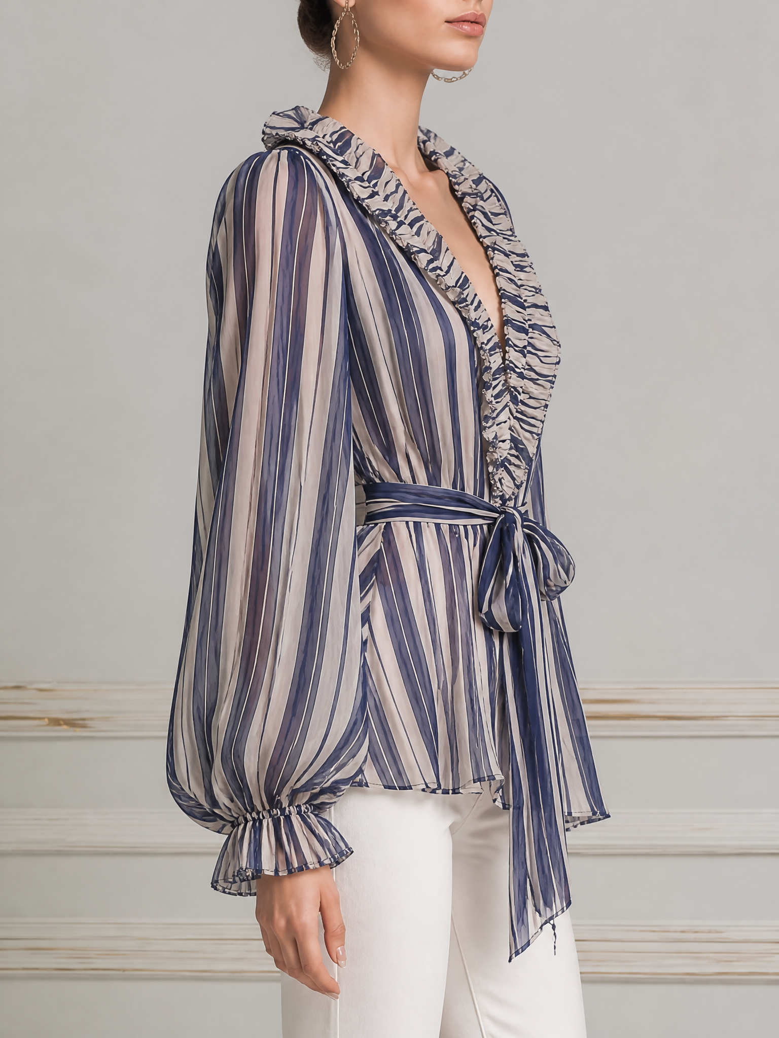 Navy Striped Ruffle V-Neck Tie Waist Chiffon Blouse