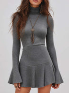 Ribbed Knit Turtleneck Flare Sleeve Mini Sweater Dress