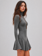 Ribbed Knit Turtleneck Flare Sleeve Mini Sweater Dress