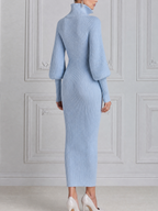 Blue Ribbed Knit Zip Front Slit Midi Dress