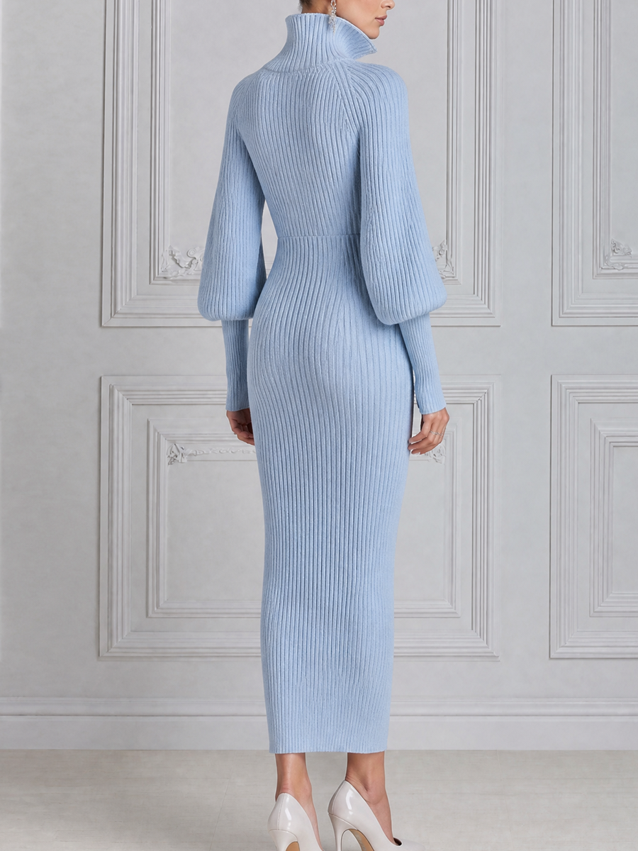 Blue Ribbed Knit Zip Front Slit Midi Dress