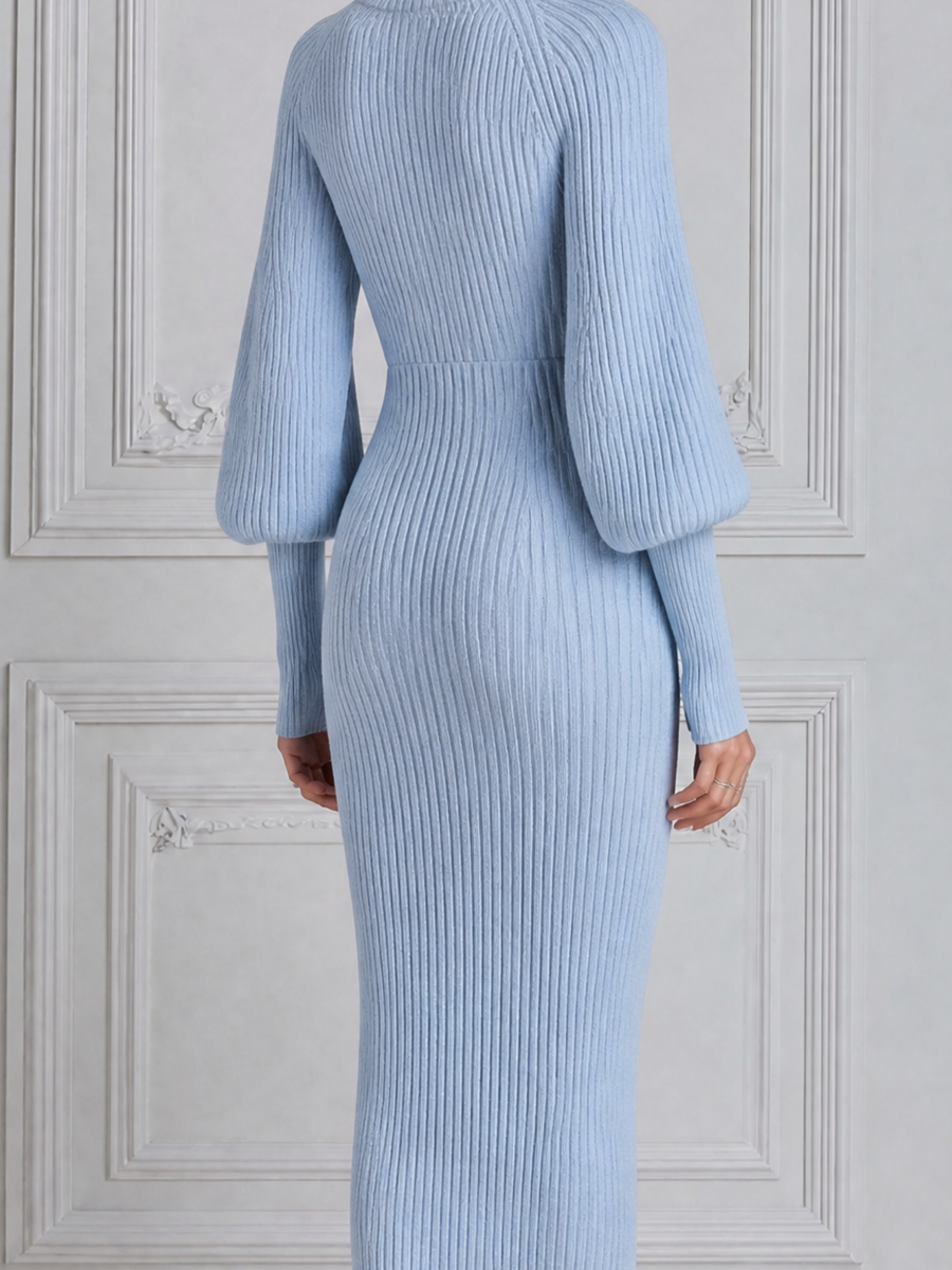 Blue Ribbed Knit Zip Front Slit Midi Dress