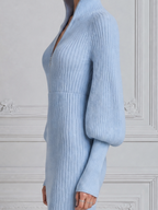 Blue Ribbed Knit Zip Front Slit Midi Dress